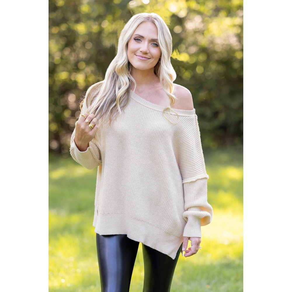 Cupshe Cream Beige Oversized Ribbed Knit Off Shoulder Exposed Seam Sweater NWT